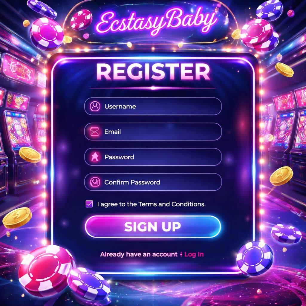 EcstasyBaby account access page for a modern casino experience with popular games and live action